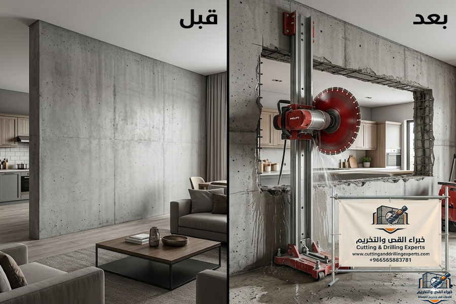 خدمة فتح مطبخ أمريكي حي النرجس بالرياض لتوسعة المساحات الداخلية وتحسين تصميم المنزل عبر قص الجدران الخرسانية باحترافية عالية